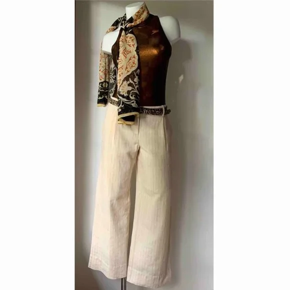Bloomingdales pleated wide leg pinstripe cream linen pants trousers - size 6